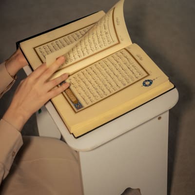 An open Qur'an with clearly marked tajweed colour-coding