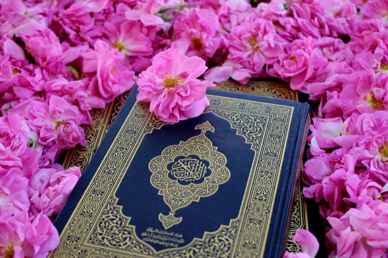 A navy and gold mushaf resting on pink roses, ready for Friday reading
