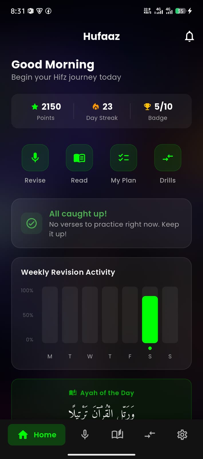 A clean, distraction-free home screen to start your hifz journey.