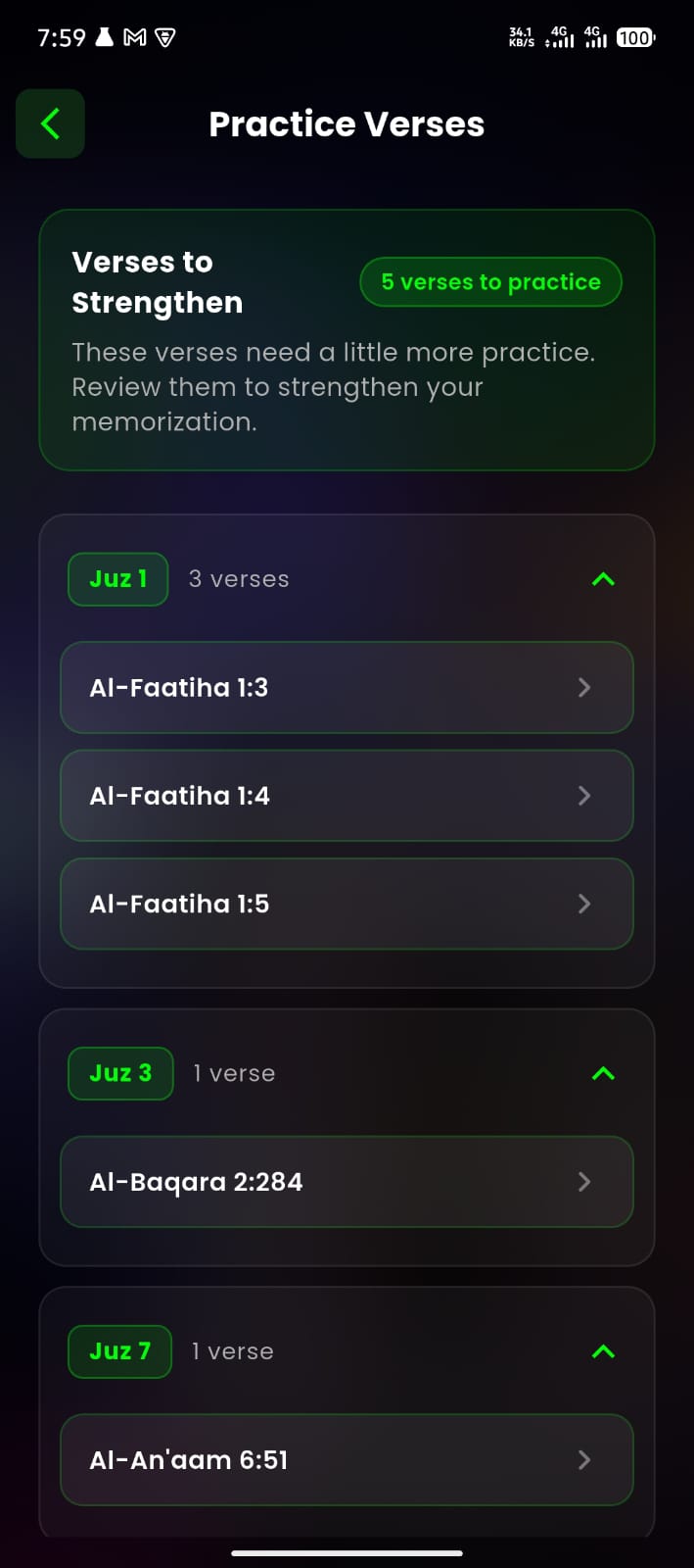 Hufaaz flags the exact word you slipped on, then plays it back correctly.